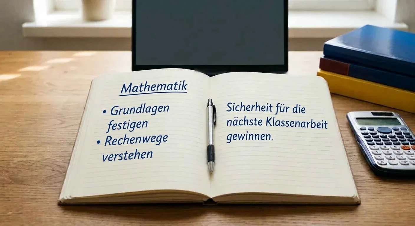 Aufgeschlagenes Notizbuch mit Kugelschreiber auf einem Holztisch, dahinter Bildschirm, Bücher und Taschenrechner. Text im Buch: Mathematik. Grundlagen festigen, Rechenwege verstehen. Sicherheit für die nächste Klassenarbeit gewinnen.