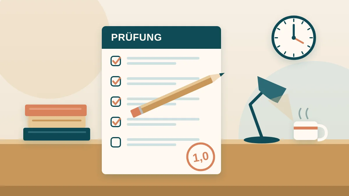 Illustration: Prüfungsbogen mit abgehakten Aufgaben und der Note 1,0